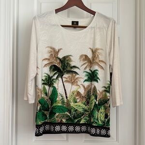 JM Collection Top Size XL Cream Green Textured 3/4 Sleeves